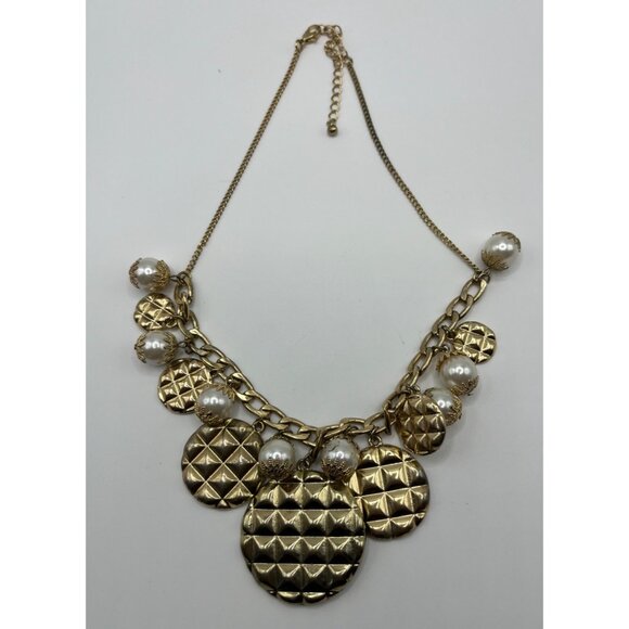 Gold Tone Statement Necklace With Pearl & Textured Disc Charms - Picture 6 of 6